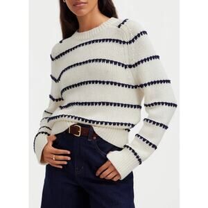 Madewell Stripe Textured Cotton Sweater Bright Ivory Navy Size XS NWT Crewneck
